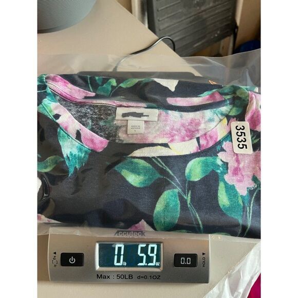 J. Jill Love Linen Tropical Floral Side Tie Short Sleeve Top Blouse Large Navy - Picture 9 of 9